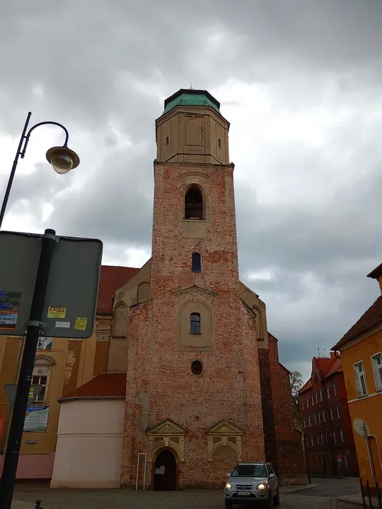 Brick church tower above the square at Saints Peter and Paul Church, Żagań