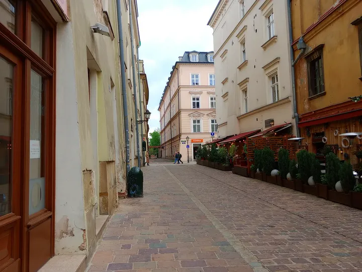 The street looking towards a church tower at Senacka Street
