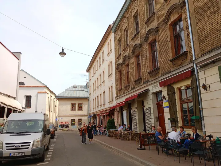 Street view along the café side of the square at Singer