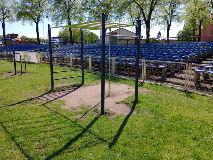 Equipment alongside the stand at Sulechowska stadium outdoor exercise ground