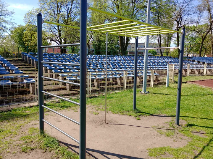 Frame in front of the seating rows at Sulechowska stadium outdoor exercise ground