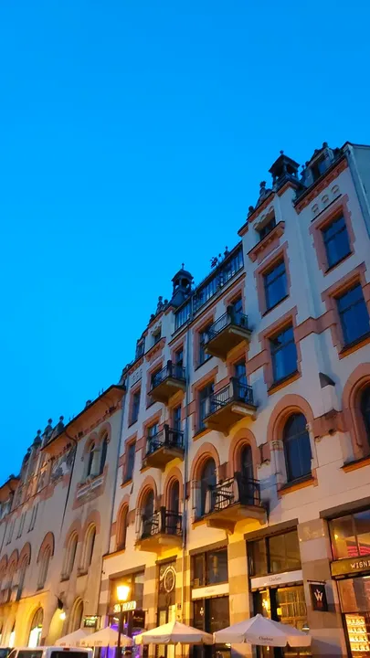 Townhouse façades at blue hour at Szczepański Square
