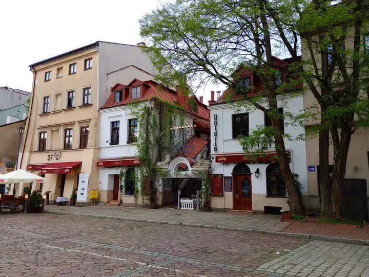 Restaurant frontage and outside seating at Szeroka Street