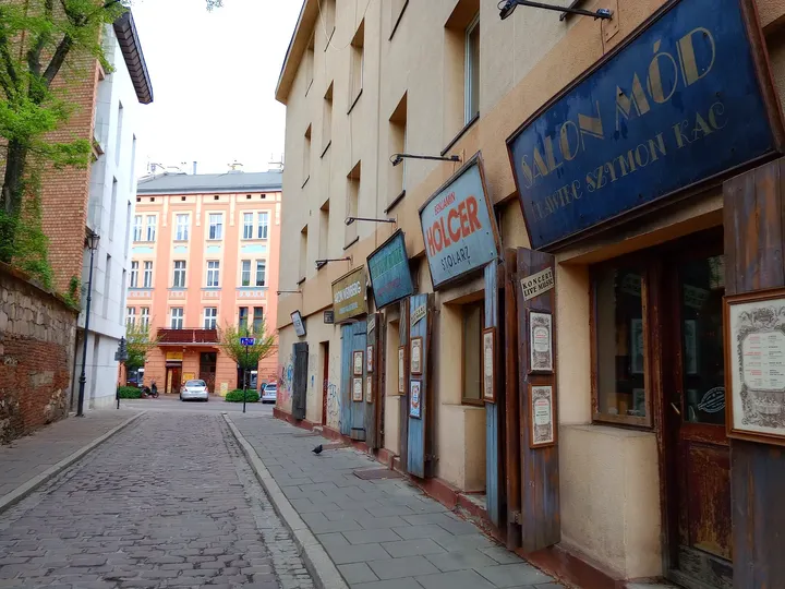 Signs above the adjoining pavement at Szeroka Street