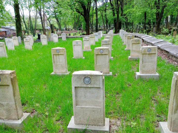 Gravestones beneath the cemetery trees at War Cemetery No. 387, Kraków