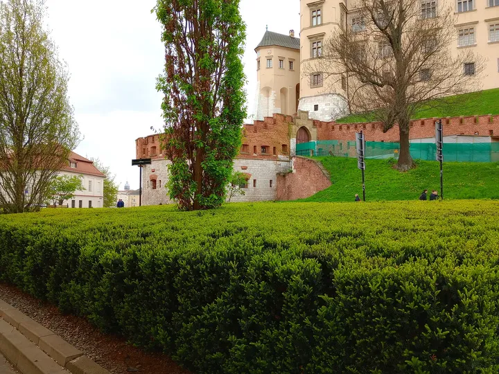 Hedges, paths and buildings on the climb towards Wawel Hill on Wawel Hill in Kraków