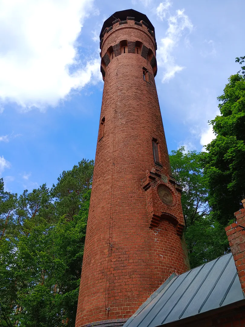The red-brick tower above the trees at Wilkanowo observation tower