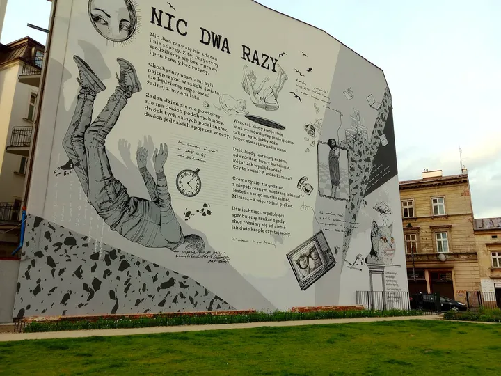 Poetry panel beside the lawn at Wisława Szymborska Park