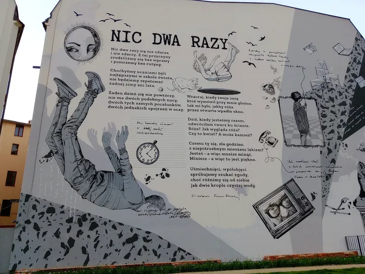 Poem displayed on the park wall at Wisława Szymborska Park