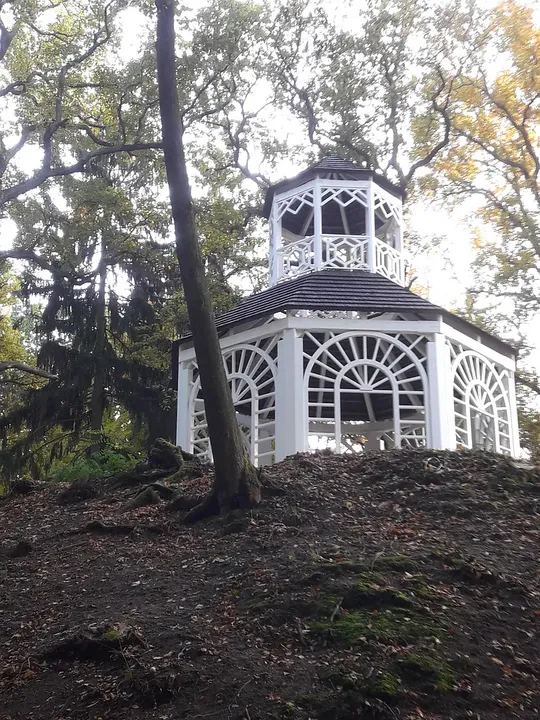 The pavilion among bare trees in December 2019, a different view of a familiar part of the park in Zatonie Ducal Park
