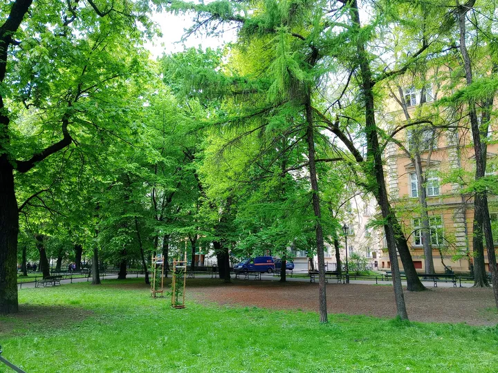 Grass and trees around the shelter at Zbigniew Wodecki Square