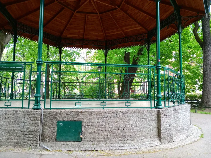 Bench within the pavilion at Zbigniew Wodecki Square