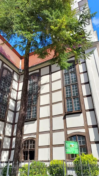 Timber-framed church frontage at Zielona Góra Old Market Square