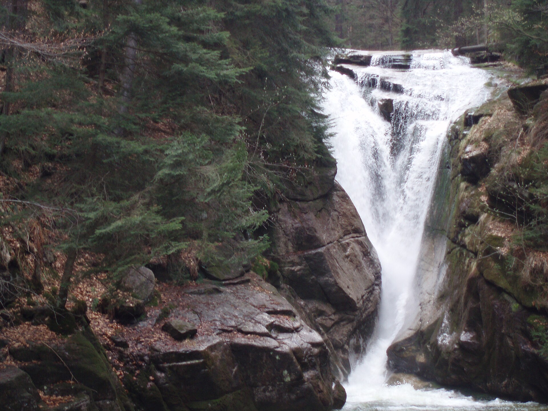 Szklarka Waterfall dropping into a forest pool in the Karkonosze